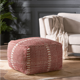 Morro Bay Handcrafted Water resistant Pouf, Orange and Red Multi