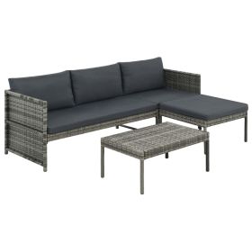 3 Piece Patio Lounge Set with Cushions Poly Rattan Gray (Color: Grey)