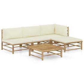 5 Piece Patio Lounge Set with Cream White Cushions Bamboo (Color: Brown)