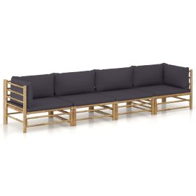 4 Piece Patio Lounge Set with Dark Gray Cushions Bamboo (Color: Brown)